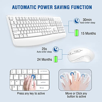 Wireless Keyboard and Mouse Combo, EDJO Full-Sized Ergonomic Computer Keyboard with Wrist Rest and 3 Level DPI Adjustable Wireless Mouse for Windows, Mac OS Desktop/Laptop/PC (White) - color: White