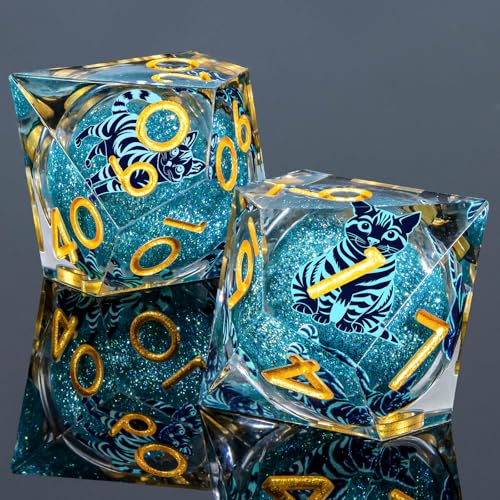 KERWELLSI Cat Liquid Core DND Dice Set with Gift Box, 7Pcs Resin Dungeons Sharp Edge D&D Dice, Dragons D and D Role Playing Dice D20 D12 D10 D8 D6 D4 - color: White and Blue Cat
