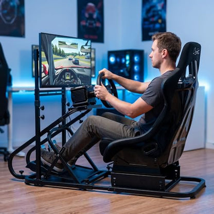 Racing Simulator Cockpit with Monitor Mount and Strong Fiberglass with LOGO Bucket Seat, Racing Wheel Stand Compatible with Fanatec, Thrustmaster, Logitech, Moza Racing Games on PS5, PS4, Xbox and PC - color: Cockpit+Black LOGO Seat