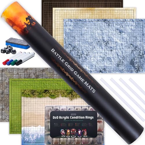 TIDYBOSS DND Ultimate 24" x 36" Game Set | 3X Double Sided 6 Terrains Battle Board | Includes Dry Erase Markers, Eraser, Clips, Dice and 96 Condition Rings | RPG Dungeons and Dragons Set