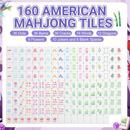 1.2'' American Mahjong Set 160 Mahjong Tile 4 All-in-One Rack Pushers 4 Dice 3 Carrying Bags Accessories Complete American Mah Jong Tile Set for Table Travel Game Collection Gift(Purple)