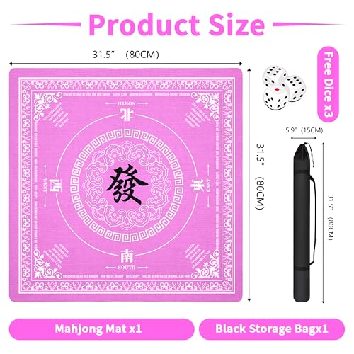 Mahjong Mat with Black Carrying Bag, 31.5"x31.5" Anti-Slip Noise Reduction Gaming Mat for Mahjong, Poker, Board Games, 3 Dice & Black Storage Bag - color: Bright Pink