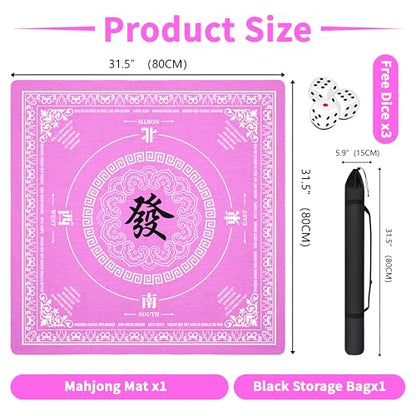 Mahjong Mat with Black Carrying Bag, 31.5"x31.5" Anti-Slip Noise Reduction Gaming Mat for Mahjong, Poker, Board Games, 3 Dice & Black Storage Bag - color: Bright Pink