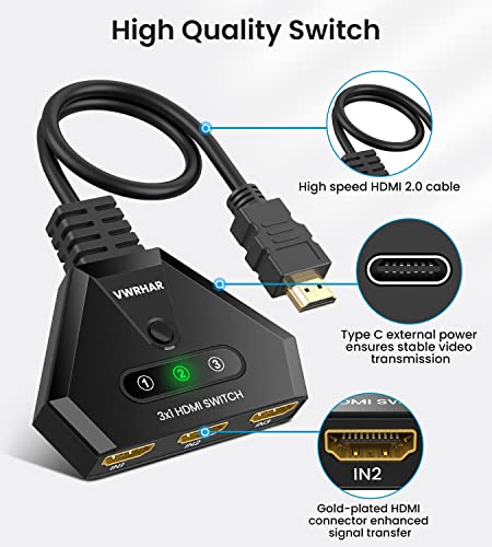 HDMI Switch 4K HDMI Splitter, Automatic HDMI Switch 3 in 1 Out with Pigtail HDMI Cable, 3 Ports HDMI Switcher Support HDCP 2.2 Full HD 4K 1080P 3D for Fire Stick Apple TV PS5 PS4 Xbox PC