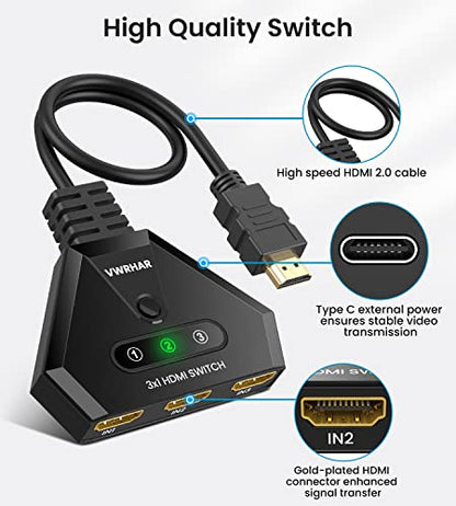 HDMI Switch 4K HDMI Splitter, Automatic HDMI Switch 3 in 1 Out with Pigtail HDMI Cable, 3 Ports HDMI Switcher Support HDCP 2.2 Full HD 4K 1080P 3D for Fire Stick Apple TV PS5 PS4 Xbox PC