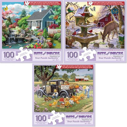 Bits and Pieces 3 Jigsaw Puzzle Set - 100 Piece Puzzles for Adults - Seasonal Fun Set of 3-15" x 19" Jigsaw Puzzles - Farm Animals Winter - Random Die Cut Pieces No 2 are Alike - size: 100 Piece Puzzle