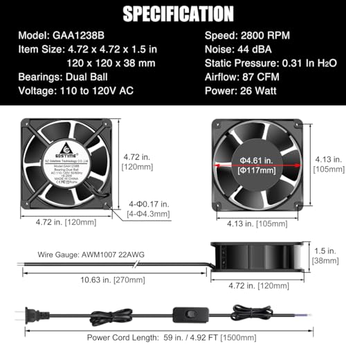 GDSTIME AXIAL 12038 Muffin Fan, 120V AC 120mm x 38mm, Dual Ball Bearing | 110V 115V, 120x120x38mm, Aluminum Frame, High Speed, for Generator Box, Air Hockey Table Cooling Ventilation Exhaust - size: 120x120x38mm
