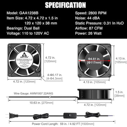 GDSTIME AXIAL 12038 Muffin Fan, 120V AC 120mm x 38mm, Dual Ball Bearing | 110V 115V, 120x120x38mm, Aluminum Frame, High Speed, for Generator Box, Air Hockey Table Cooling Ventilation Exhaust - size: 120x120x38mm
