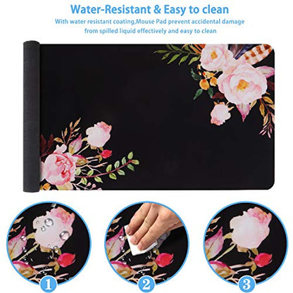 iCasso Extended Gaming Mouse Pad,35.4 x 15.7in Desk Pad,Flower | Non-Slip Rubber Base Mousepad with Stitched Edges,Waterproof Keyboard Mouse Mat Desk Pad for Work Home - color: Flower