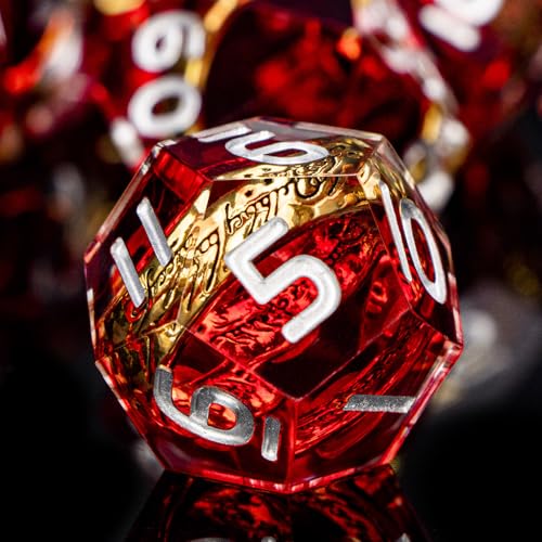 Magic Golden Ring DND Dice Set Sharp Edge Red Resin Dice with Box, for Use with D&D RPG Role Playing Games, Lord D and D Polyhedral Dice Set - color: Ring -Red-2