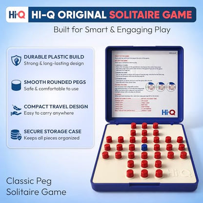 Original HI-Q Solitaire Game - Solitaire Board Game for Kids, Adults & Seniors, Solo 1-Player, Puzzle Strategy Problem Solving Game, Perfect Travel & College Board Game, Classic Hi-Q Peg Brain Teaser