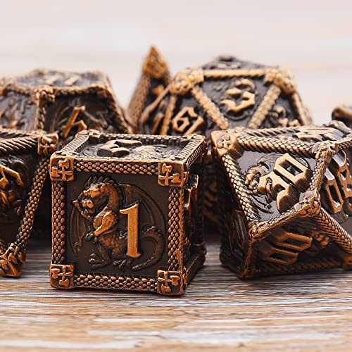 AUSTOR 7-Die Metal DND Dice Set Dungeons and Dragons Polyhedral Roll Playing Dice with Box D20 D12 D10 D% D8 D6 D4 for Pathfinder MTG RPG Board Games - color: Ancient Gold