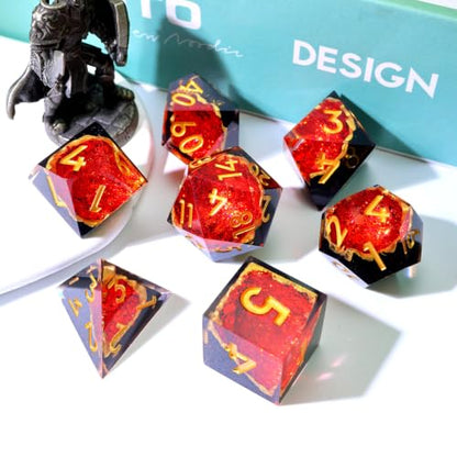 XENOLUX Polyhedral Resin DND Dice Set, Sharp Edge Red Geode Magma RPG Dice with Tin Box, Tabletop Board Games Accessories for Dungeons and Dragons (G3) - color: G3