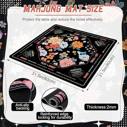 Soulchen Flower Black American Mahjong Mat for Table with Rules, No Creases, Ships Rolled, 31.5 x 31.5 Non-Slip Noise Reduction Gaming Mat with Carrying Bag for Poker Card Board - color: Black
