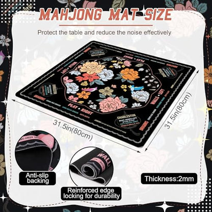 Soulchen Flower Black American Mahjong Mat for Table with Rules, No Creases, Ships Rolled, 31.5 x 31.5 Non-Slip Noise Reduction Gaming Mat with Carrying Bag for Poker Card Board - color: Black