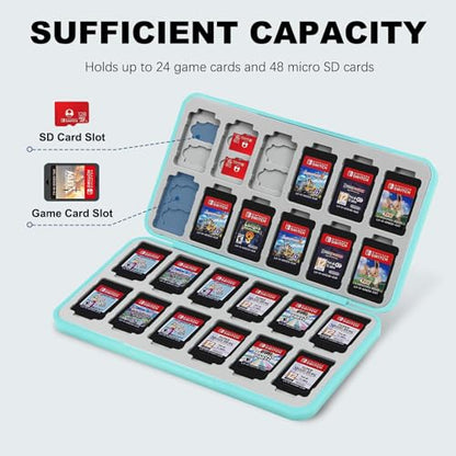 FYY Nintendo Switch Game Case Holder for Switch 2 Cartridge, Mint Green | 24 Game Card Slots & 48 Micro SD Card Slots, Hard Shell, Silicone Lining - color: B-Mint Green