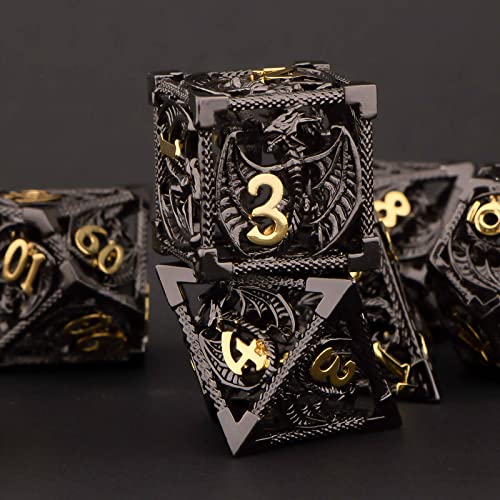 KERWELLSI Hollow DND Dice Set D&D with Gifts Box, 7pcs Polyhedral Metal D and D Dice for Role Playing Game, Dungeon Dragon Dice D20 D12 D10 D8 D6 D4 (Black) - color: Black