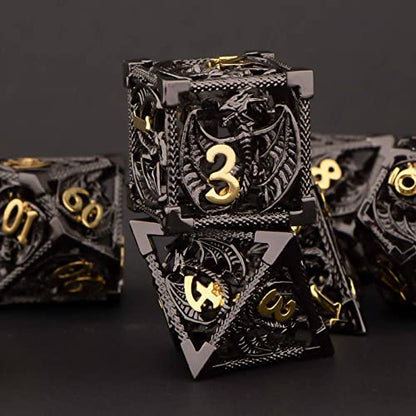 KERWELLSI Hollow DND Dice Set D&D with Gifts Box, 7pcs Polyhedral Metal D and D Dice for Role Playing Game, Dungeon Dragon Dice D20 D12 D10 D8 D6 D4 (Black) - color: Black
