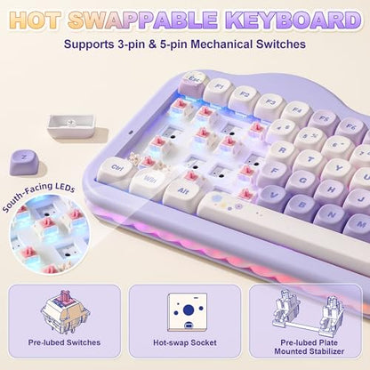 YUNZII C75 Wireless Mechanical Keyboard,75% Layout, Hot-Swappable NKRO,BT5.0/2.4G/USB-C Mode,Dye-Sub PBT MOA Keycaps,RGB Gasket Mount,Cute Cake Design for Mac/Win/Gaming (Purple, Candy Switch) - color: Purple, size: Candy Switch