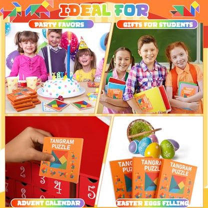 Dunzoom 50 Pack Wooden Tangram Puzzle for Kids, Bulk Party Favors and Classroom Rewards, Stem Learning Jigsaw Games, Educational Brain Teaser Toys, Goodie Stuffers for Ages 4-8 (Vibrant Bright) - color: Vibrant Bright
