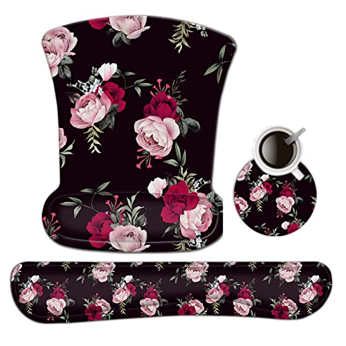 AIMSA Ergonomic Keyboard Wrist Rest and Mouse Pad with Wrist Support Set, Memory Foam Non-Slip Rubber Base, for Home, Office, Easy Typing, Pain Relief, Peony Flowers - color: Peony Flowers