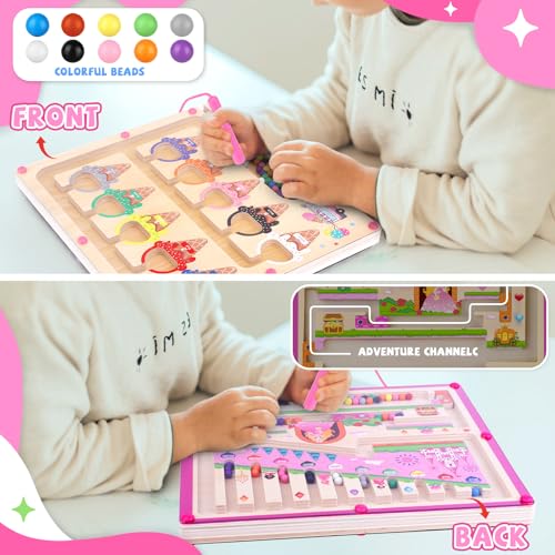wakeInsa 2 in 1 Magnetic Color and Number Maze,Montessori Toy for Toddler Girls,Wooden Magnet Balls Puzzles,Toddler Busy Board Game,Preschool Learning Activities (Princess & Ice Cream) - style: 2 in 1-Princess & Ice Cream