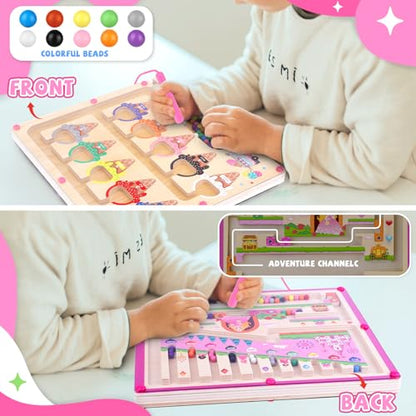 wakeInsa 2 in 1 Magnetic Color and Number Maze,Montessori Toy for Toddler Girls,Wooden Magnet Balls Puzzles,Toddler Busy Board Game,Preschool Learning Activities (Princess & Ice Cream) - style: 2 in 1-Princess & Ice Cream