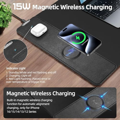 Wireless Charging Mouse Pad, Gaming Desk Mat with 20W Adapter, 31.5"x15.7" | Large XXL Desk Pad, Non-Slip Rubber Base, Ultra-Smooth Surface, Waterproof Computer Keyboard Pad for Home Office, Black - color: Black (Power Adapter)