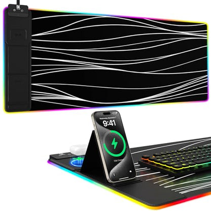 Mouse Pad with Phone Holder, Wireless Charging Desk Mat, RGB Gaming Mousepad Home Office Large Desk Pad with Ultra-Smooth Surface, Non-Slip Base, Waterproof Keyboard Pad,Wavy Black - color: 31.5x15.75"Phone Stand-Wave