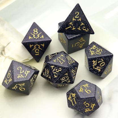 Haxtec Gemstone DND Dice Set Blue Sandstone Precious Gemstone Dice Set Compatible with Dungeons and Dragons TTRPG Gifts for Dungeons Masters Premium Dice Case DND Gifts - color: Dark Blue Gold