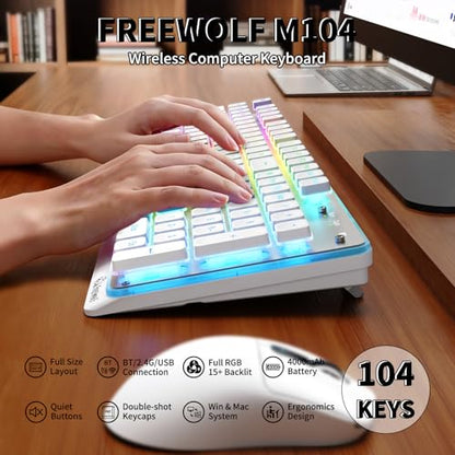 ZIYOU LANG M104 RGB Wireless Keyboard, Low-Profile Silent Membrane Keys, 2.4G Bluetooth USB Wired, Spill-Resistant, Rechargeable Full-Size 104-Key Keyboard for PC Mac, White - color: White