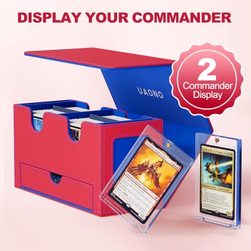 UAONO 3-in-1 MTG Commander Deck Box, Red Blue | 2 Magnetic Card Holders & 1 Dice Tray, Fits 200 Double Sleeved, Card Organizer Compatible with Magic the Gathering - color: Red&Blue