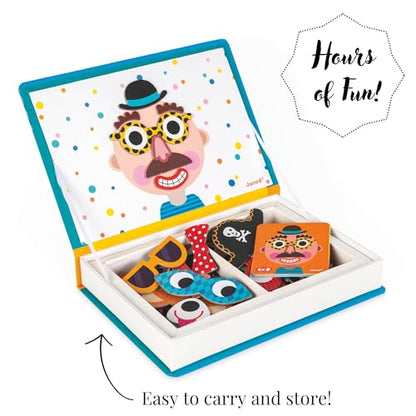 Janod - Magnetibook 83 Pc Magnetic Boy Crazy Face Dress Up Game - Decorating Fridge with Magnetic Letters - Enhances Creativity and Learning - Boosts Self-Confidence - Portable and Easy Storage | Enhances Creativity and Learning - Boosts Self-Confidence -