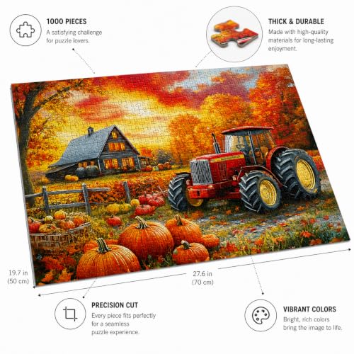 1000 Piece Jigsaw Puzzle for Adults – Cozy Autumn Farm Tractor Scene, Fall Harvest Landscape Puzzle, Premium Quality Gift, 19.7 x 27.6 Inch