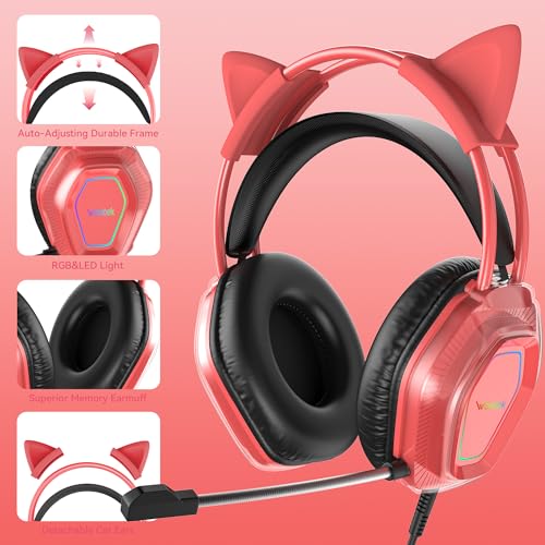 Wantek Cute Cat-Ear Gaming Headset - 50mm Drivers, Noise-Cancelling Mic, 3.5mm Wired Stylish & Lightweight Design (Red) - color: Red