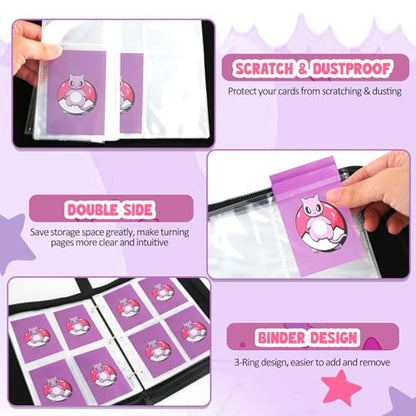 Premium Collectible Trading Card Albums，Card Binder Fits 400 Cards with 50 Removable Sleeves，Display Game Card Case book Holder, Purple Themes - color: Purple Super Dream