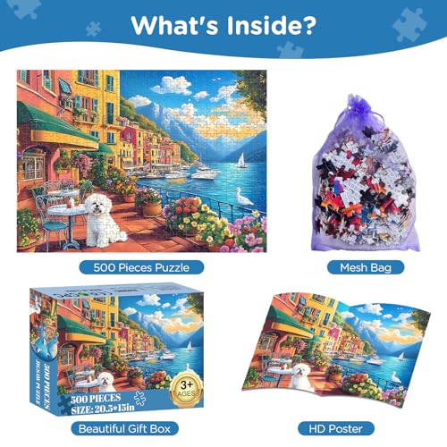 Jigsaw Puzzles 500 Pieces for Adults, Bichon Frise Flower Seagull Puzzles 500 Pieces for Adults Seniors, Dust-Free Landscape Adult Jigsaw Puzzle, Challenging Puzzle Great Gift for Friends - style: Landscape
