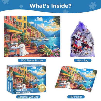 Jigsaw Puzzles 500 Pieces for Adults, Bichon Frise Flower Seagull Puzzles 500 Pieces for Adults Seniors, Dust-Free Landscape Adult Jigsaw Puzzle, Challenging Puzzle Great Gift for Friends - style: Landscape