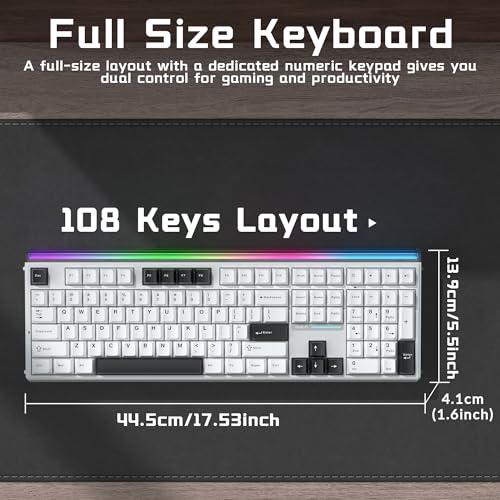 Aula H108 Wireless Mechanical Keyboard, Hot Swappable Silent Keyboard, Full Size Keyboard with Number Pad, Gasket Structure, RGB Backlit Computer Gaming Keyboard with PBT Keycaps for PC/Office - color: White Black
