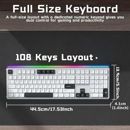Aula H108 Wireless Mechanical Keyboard, Hot Swappable Silent Keyboard, Full Size Keyboard with Number Pad, Gasket Structure, RGB Backlit Computer Gaming Keyboard with PBT Keycaps for PC/Office - color: White Black