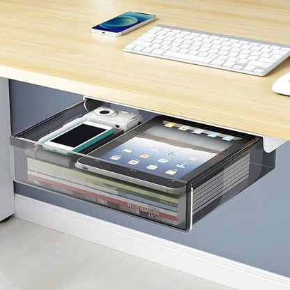 SVNNELP Large Under Desk Table Drawer Storage Organizer A4, Hidden Self-Adhesive Under Desk Pencil Tray Drawer for Office (Clear Black/L) - size: L