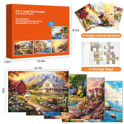 4 Pack 36 Large Piece Puzzle for Seniors Dementia Alzheimer Puzzles | Dementia Products Activities for Elderly Adults Lake Farm Easy Jigsaw Puzzle Memory Cognitive Games with 4 Storage Bags - style: 4Pack 36 Large Pieces-1