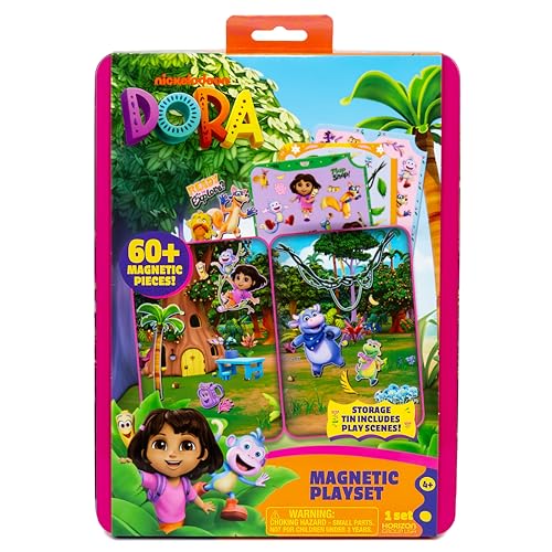 Dora Magnetic Playset, 75 Characters & Accessories, Reusable Storage Tin and Play Scene, Fun Toddler Toys, Mess Free Airplane Toy, Travel Games & Road Trip Essentials, 4 Year Old Girl Birthday Gifts - color: Dora