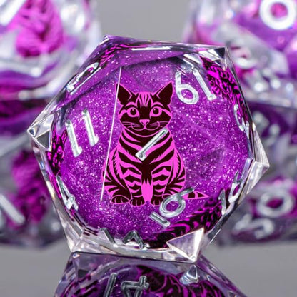 KERWELLSI Cat Liquid Core DND Dice Set with Gift Box, 7Pcs Resin Dungeons Sharp Edge D&D Dice, Dragons D and D Role Playing Dice D20 D12 D10 D8 D6 D4, Purple - color: Purple and Purple Cat