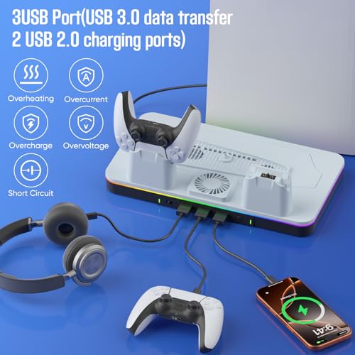 2026 Upgraded PS5/PS5 Pro/Slim Cooling Stand/Station with RGB Light,Dual Controller Fast Charger,with High-Speed Turbo Fan,3USB,for Gaming Room,Living Room,Gift for Christmas & Birthday