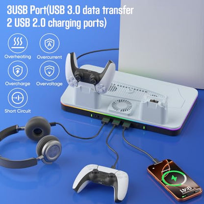 2026 Upgraded PS5/PS5 Pro/Slim Cooling Stand/Station with RGB Light,Dual Controller Fast Charger,with High-Speed Turbo Fan,3USB,for Gaming Room,Living Room,Gift for Christmas & Birthday