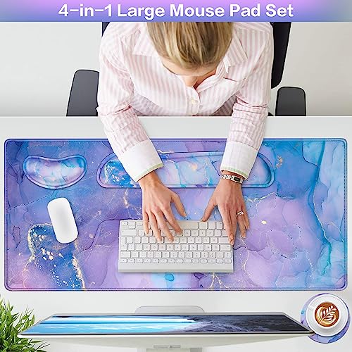 4-in-1 Mouse Pad with Wrist Rest Set Purple,35.4×15.7in Large Gaming Mouse Pad+Keyboard Wrist Rest+Wrist Mousepad+Cup Pad,Ergonomic Mouse Pads,Anti-Slip,Waterproof Keyboard Pad for Home Office - color: Purple Blue Marble