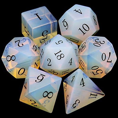 Haxtec Opal Stone Dice Black Numbers Gemstone DND Dice Set Polyhedral Dice with Dice Case D&D Compatible with Dungeons and Dragons TTRPG D&D Master Gift - color: White Black