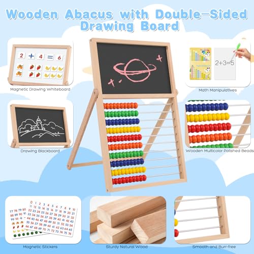 Wooden Abacus Math Games for Kids 5-7 Counting Toys with Double-Sided Board | Wood Abacus Educational Counting Math Manipulatives for 1st 2nd grade with Magnetic Number Cards 1-100