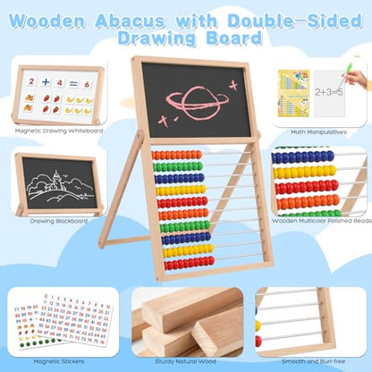 Wooden Abacus Math Games for Kids 5-7 Counting Toys with Double-Sided Board | Wood Abacus Educational Counting Math Manipulatives for 1st 2nd grade with Magnetic Number Cards 1-100